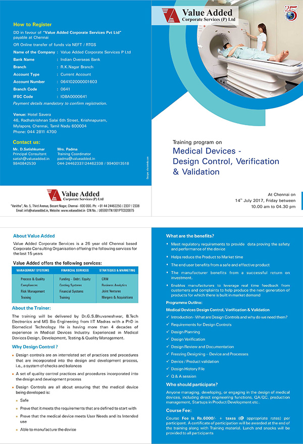 Training program on Medical Devices - Design Control Verification and Validation by Value Added Corporate Services Pvt. Ltd. at Chennai on 14th July Friday 